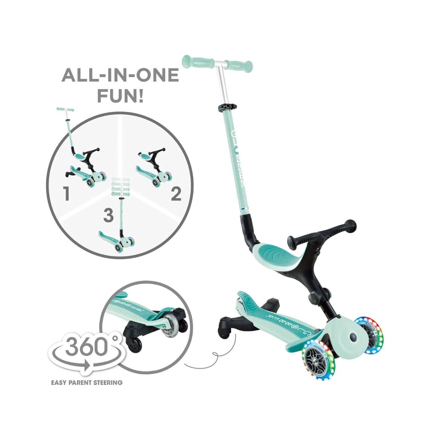 Scooter Globber Go Up Active LED 360 Menta - 3 en 1 Evolutivo